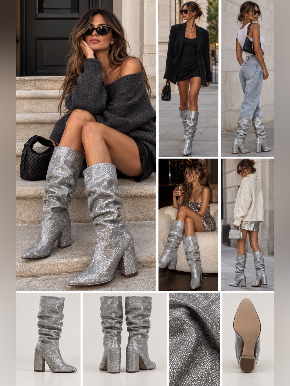 Stuart Weitzman Smashing Silver Metallic Slouch Boots – Size 37 / 7 GO-GO disco - Picture 10 of 11